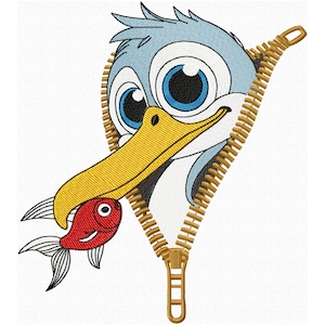 May include: Embroidered design of a cartoon bird with blue and white feathers, large blue eyes, and a yellow beak. The bird is emerging from a gold zip and holding a red fish in its beak. The design is on a white background.