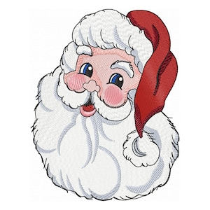 Könnte beinhalten: Eine Cartoon-Illustration von Santa Claus' Gesicht mit einem roten Hut und weißem Bart. Er lächelt mit geschlossenen Augen.