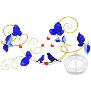 Bird with Cages and Flowers Machine Embroidery Design, Floral Embroidery, Vintage Embroidery