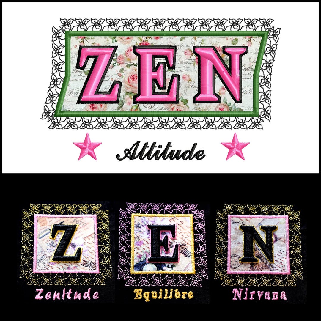 Zen Editable Zen Script Embroidery Design, 3D Machine Embroidery File With Fabric ...