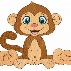 May include: A cartoon illustration of a brown monkey with blue eyes, a pink nose, and a big smile. The monkey is sitting with its legs crossed and its tail curled behind it.