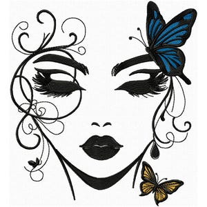 Woman Face Embroidery Design Machine Embroidery of Woman Head with Butterflies Artistic Fashion Embroidery