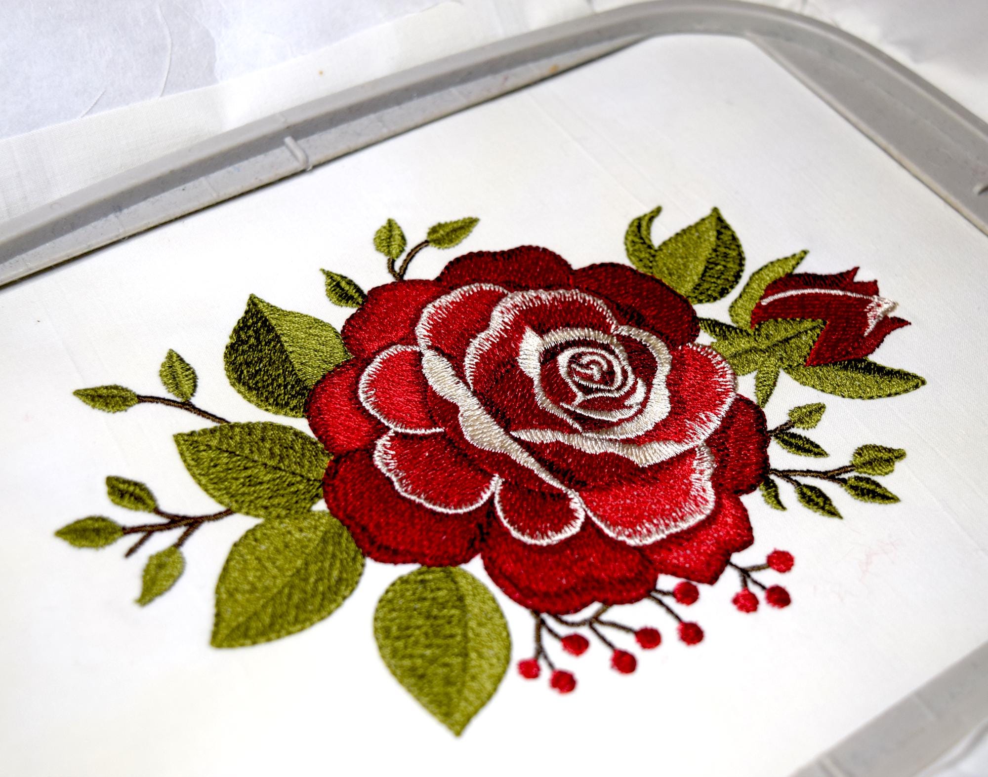 Embroidy Design Roses Rose Embroidery Design Machine Embroidery Red Rose With Leaves and ...