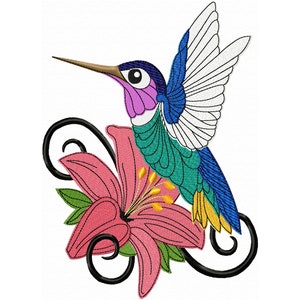 COLIBRI et FLEUR Broderie d'Oiseau avec Hibiscus Broderie Machine Broderie Exotique Fleur d'Hawaï