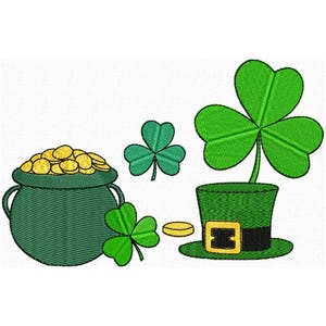 Könnte beinhalten: Gesticktes Design mit St. Patrick's Day-Symbolen. Ein grüner Topf voller Goldmünzen, ein grüner Leprechaun-Hut mit goldener Schnalle und mehrere grüne Kleeblätter auf weißem Hintergrund.
