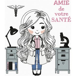 Máquina de bordar de doctora con adorable dibujo animado. Bordado artesanal de doctora.