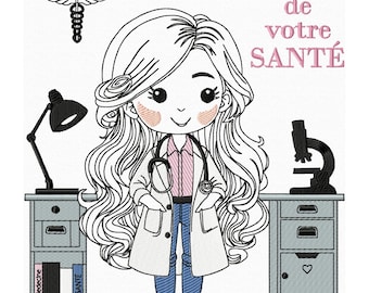 Máquina de bordar de doctora con adorable dibujo animado. Bordado de doctora con medicina.