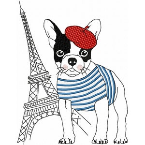 Machine Embroidery of a Dog in Paris, Animal Embroidery Design, Pug with Eiffel Tower.