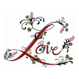 May include: A red ribbon intertwined with black vines and green leaves forms the word "Love" with pink flowers throughout the design.