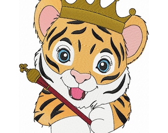 Op de afbeelding: Een cartoon tijgerwelpje met een gouden kroon en een rood en gouden scepter. De tijger heeft zwarte strepen en blauwe ogen.