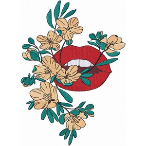 Woman Lips Machine Embroidery with Small Flowers, Floral Embroidery, Spring Embroidery