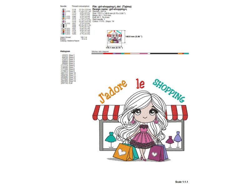 Op de afbeelding: Een geborduurd ontwerp met een cartoonmeisje met lang wit haar, met boodschappentassen. De tekst "J'adore le SHOPPING" staat boven het meisje. Het ontwerp bevat een winkelgevel met jurken.