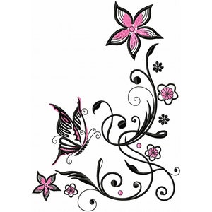 Flowers with Butterfly Machine Embroidery Designs, Floral Embroidery, Line Art embroidery.