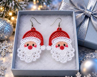 FSL Christmas Earrings Embroidery Design Machine Embroidery Santa Face Earrings Freestanding Lace Embroidery Pattern.