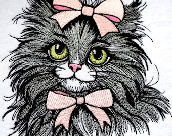 Bordado de gatito realista, lindo gato bordado a máquina con rizos en su pelaje, bordado de mascota