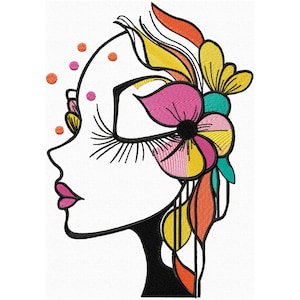 May include: An embroidered design of a woman's profile with closed eyes, long eyelashes, and full lips. The design features colorful flowers and leaves in shades of pink, yellow, orange, and teal. Small orange and pink dots are scattered around the head.