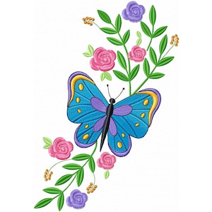 Butterfly on Flower Stems Machine Embroidery Design, Floral Embroidery with Small Wild flowers