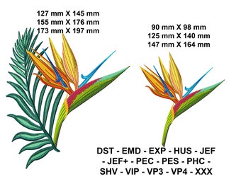 Flower Embroidery Design BIRD OF PARADISE Machine Embroidery Designs Exotic Flower, Floral Embroidery, Tropical Fern