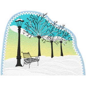 May include: A winter scene with a bench, a street lamp, and three bare trees against a blue and green background. The ground is covered in white snow.