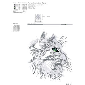 May include: An embroidered design of a cat's profile, rendered in shades of gray and white thread. The cat's eye is a vibrant green. The design is on a white background. The image includes technical details.