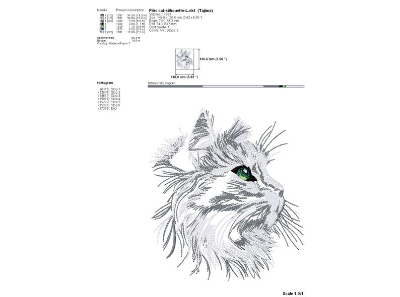 May include: An embroidered design of a cat's profile, rendered in shades of gray and white thread. The cat's eye is a vibrant green. The design is on a white background. The image includes technical details.