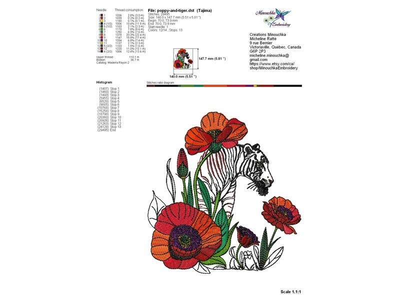 Embroidery Design Poppies with a Tiger Machine Embroidery Designs, Floral Embroidery, Animal Embroidery, 4 Sizes image 8