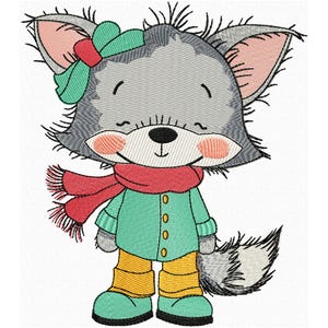 Peut inclure: Un loup de dessin animé portant un manteau vert, un pantalon jaune et des bottes bleu-vert. Le loup a une écharpe rouge et un nœud vert sur la tête. Le loup sourit avec des joues roses et a une fourrure grise duveteuse.