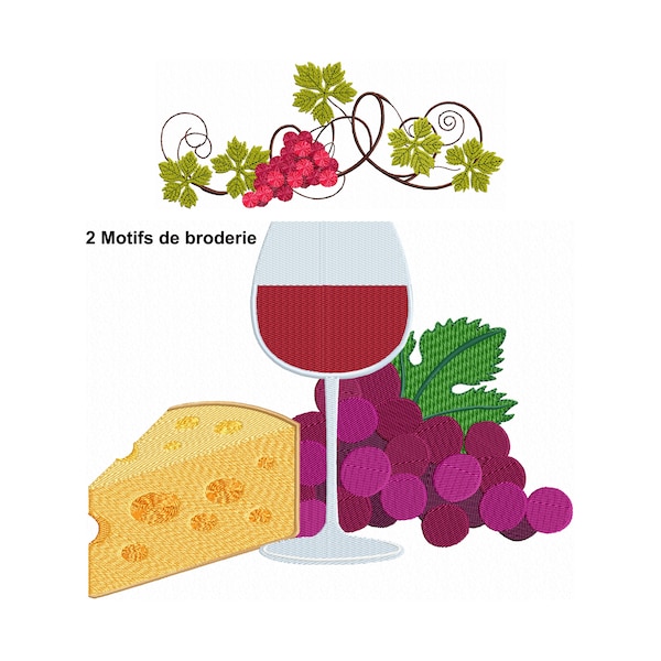 Broderie de Cuisine Vin Fromage et Raisins Dessin de Broderie machine, Motif de Bordure de Fruits