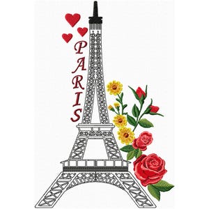 以下が含まれることがあります： 赤い文字で「PARIS」と書かれた、黒と白のアウトラインのエッフェル塔。塔は赤いハートと、黄色い花と赤いバラの花の飾りで囲まれています。