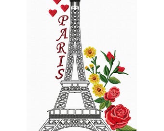 May include: Black and white outline of the Eiffel Tower with the word "PARIS" in red lettering. The tower is surrounded by red hearts and a floral arrangement of yellow flowers and red roses.