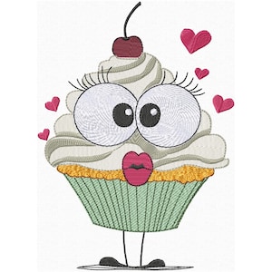 Puede incluir: Un diseño de cupcake bordado con ojos grandes y expresivos, largas pestañas y labios rojos. La magdalena tiene una cereza encima y está rodeada de pequeños corazones rosas. El envoltorio de la magdalena es verde.