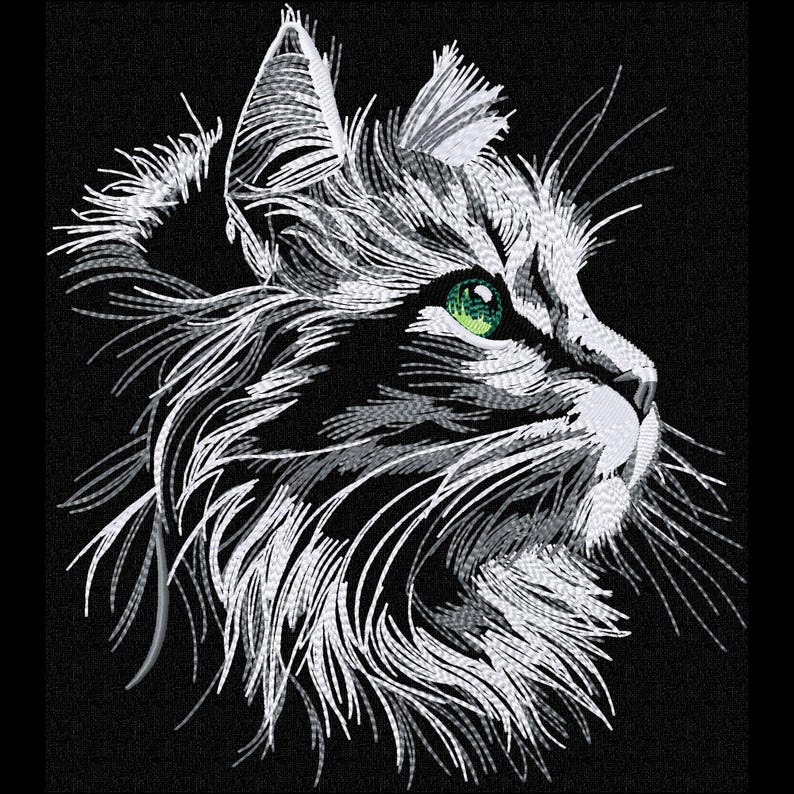Cat silhouette embroidery design machine embroidery of realistic animal for black fabric