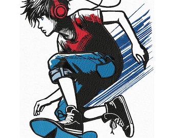 Man on Skateboard Embroidery Design Machine Embroidery of a Teenager Having Fun on a Skateboard Sports Embroidery