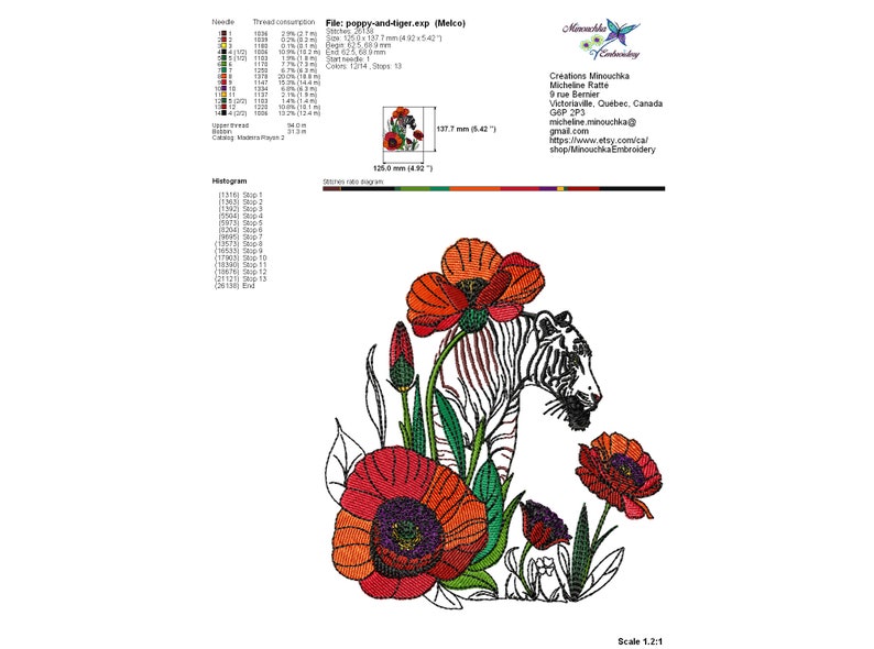 Embroidery Design Poppies with a Tiger Machine Embroidery Designs, Floral Embroidery, Animal Embroidery, 4 Sizes image 9