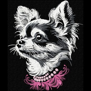 May include: Embroidered portrait of a Chihuahua dog with a black and white coat, detailed with delicate stitching. The dog wears a pink beaded collar with a frilly accent. The background is solid black, highlighting the dog's features.
