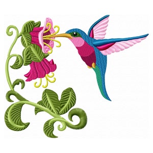 Hummingbird and Flowers Bird Embroidery Design Machine Embroidery Designs, Floral Embroidery, Bird foraging on Hibiscus