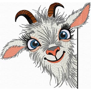 May include: A whimsical embroidered design of a goat's head, featuring a friendly expression. The goat has fluffy white and gray fur, large blue eyes with long black eyelashes, and brown horns. The goat's nose is orange, and it has a smiling mouth.