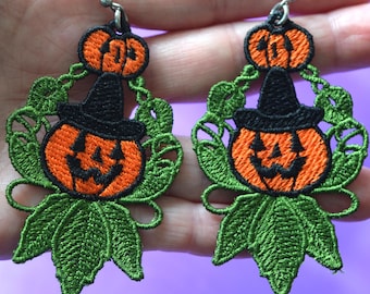 Pendientes de Halloween FSL con bordado de calabaza, diseño de bordado a máquina, pendientes de encaje independientes