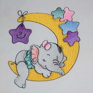 Adorable Elephant Embroidery Design  Animal Machine Embroidery Elephant Sleeping on the Moon with or without Mylar, Baby Embroidery