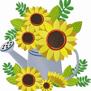 Machine Embroidery Yellow Sunflowers in a Watering Can, Floral Embroidery, Flower Embroidery, Flower Bouquet
