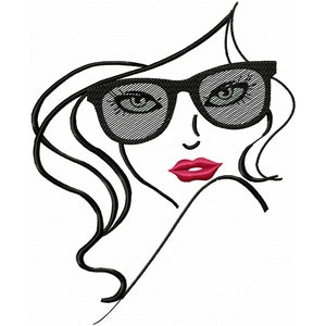 Pode incluir: Ilustração de arte de linha de uma mulher usando óculos de sol com contorno preto e lábios vermelhos.