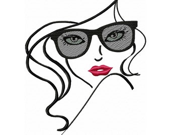 Bordado de rostro de mujer con gafas, bordado a máquina, bordado de moda, bordado de arte lineal