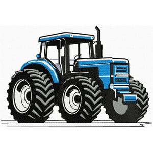 Peut inclure: Illustration d'un tracteur bleu et noir. Le tracteur a de gros pneus noirs avec des jantes blanches, une cabine bleue et un tuyau d'échappement noir. Le design est une représentation de type dessin animé d'un véhicule agricole.