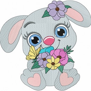 Máquina de bordar de Pascua Bordado de un conejo con flores, lindo diseño de bordado de animales