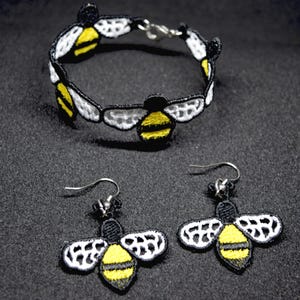 FSL Bee Embroidery Design Bee Bracelet and Earrings Set Machine Embroidery Lace Tatting Freestanding Lace