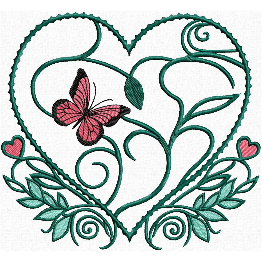 Hearts and Butterfly Embroidery Design for Valentine's Day, Elegant ...