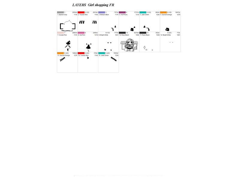 Op de afbeelding: Een digitale illustratie getiteld "LAYERS Girl shopping FR" met diverse zwarte en gekleurde vormen, waaronder een meisjesfiguur, winkelwagen en tekstlabels. Het kleurenpalet omvat grijstinten, rood, blauw en groen.