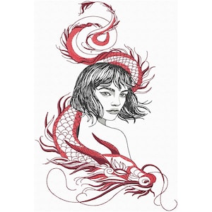 Könnte beinhalten: Eine Schwarzweißillustration einer Frau mit einem roten Drachen, der sich um sie herumschlingt. Der Schwanz des Drachen kräuselt sich über ihrem Kopf und sein Kopf befindet sich am unteren Rand des Bildes.