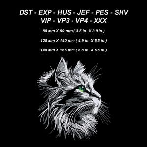 May include: A detailed black and white cat profile with green eyes, set against a black background. The image includes text indicating embroidery file formats and sizes: 3.5 in. x 3.9 in., 4.9 in. x 5.5 in., and 5.8 in. x 6.6 in.