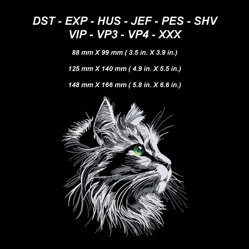 May include: A detailed black and white cat profile with green eyes, set against a black background. The image includes text indicating embroidery file formats and sizes: 3.5 in. x 3.9 in., 4.9 in. x 5.5 in., and 5.8 in. x 6.6 in.